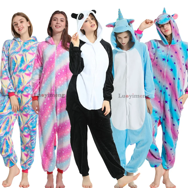 Пижама-комбинезон с пандой для взрослых, женская пижама с единорогом, костюм единорога, мужской комбинезон, зимняя Пижама кигуруми с капюшоном с изображением животных