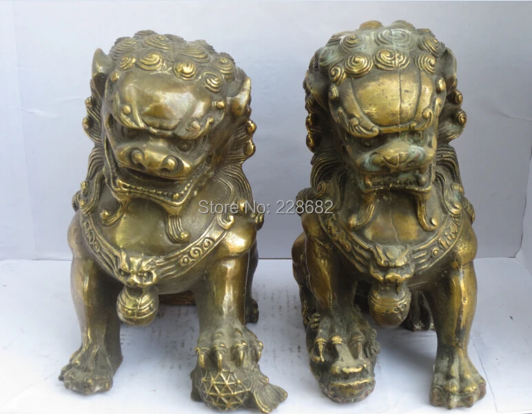 Коллекционная 1 пара китайской украшеной старой меди резной фу Фо собака