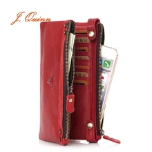 J.Quinn Women’s Wallets Genuine Zipper Women Leather Wallet Calfskin Female Red Purse Luxury Brand Long Cow Ladies Purses Bifold
