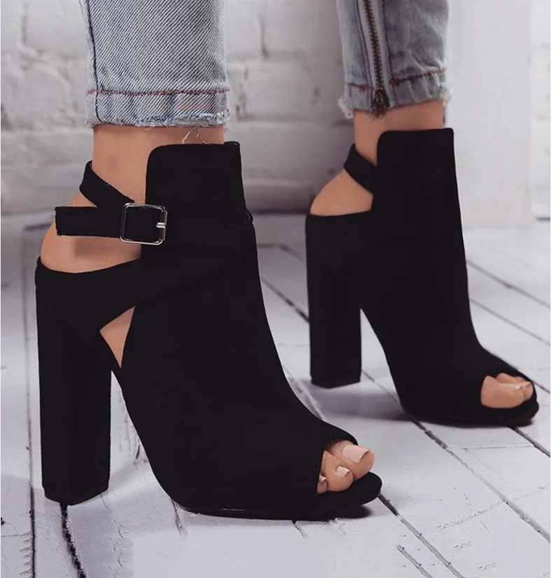 Women Sandals Shoes Flock Buckle Strap Solid Super High (8cm-up) Shallow Peep Toe Party Lady Sexy Female Pumps Sandals Shoes