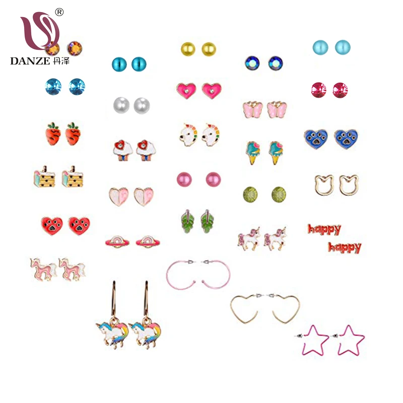 

DANZE 30 Pairs/set Trendy Cute Kid Ice Cream Heart Unicorn Mixed Shape Stud Earrings Set For Girls Children Gifts Jewelry