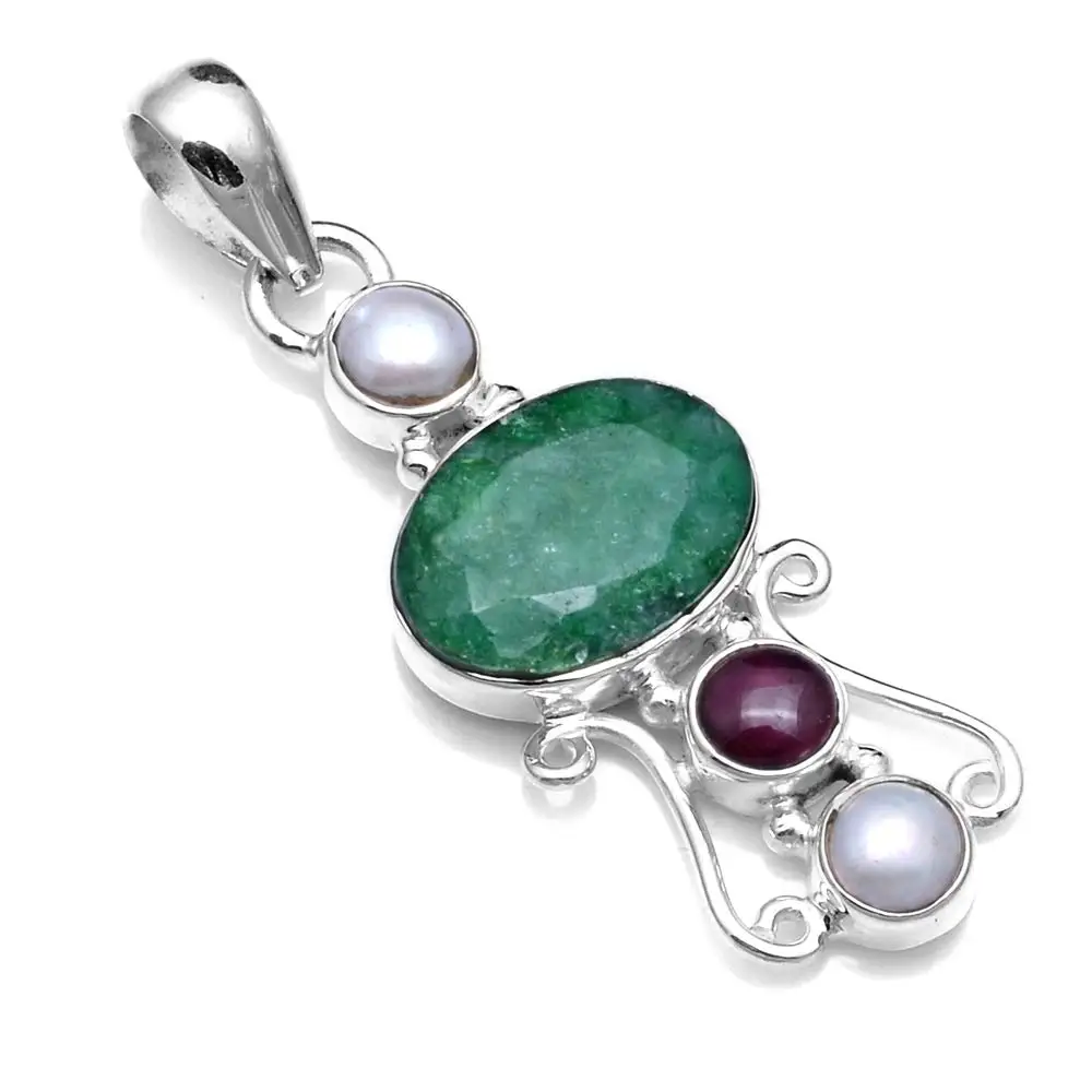 

Genuine Emerald + Rubellite Pendant 925 Sterling Silver, 43.8 mm, 2SP0422