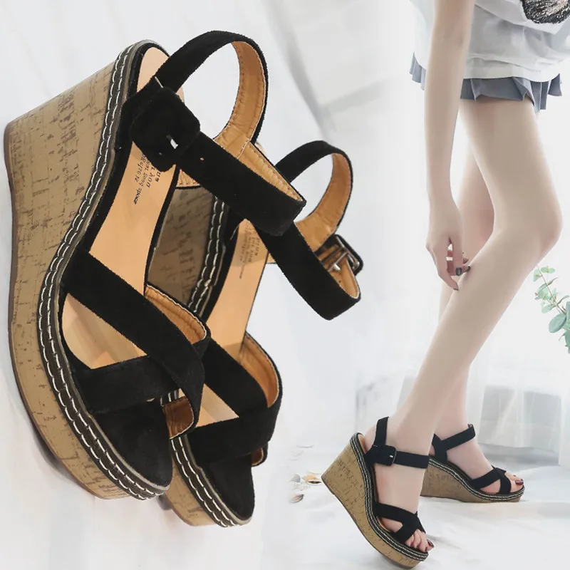 Clear Heels Black Platform Sandals Female Shoe Clogs Wedge Crocs-shoes 2019 Women's Velvet Shoes Open Toe Buckle Strap Cross