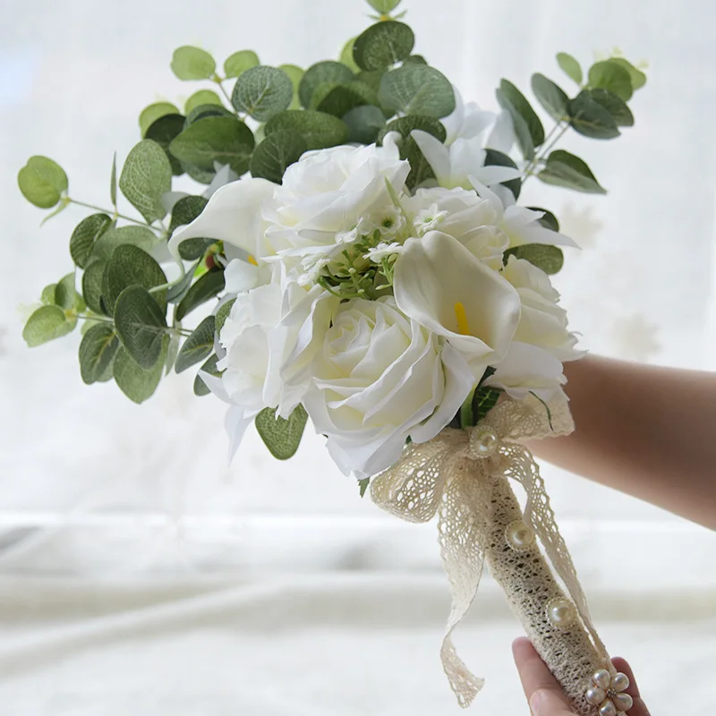Свадебные цветы Свадебные букеты Искусственные лес Винтаж эвкалипта красный розовый роза букет невесты D681