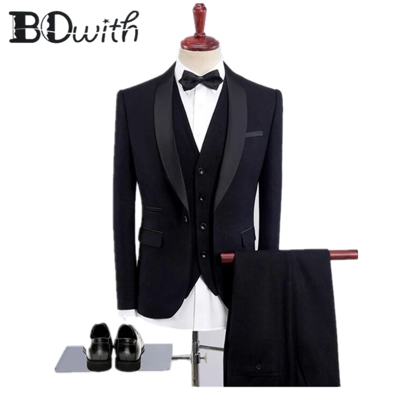

2019 Newest Black Men Suits Shawl Collar One Button Slim Fit 3 Pieces Jacket+Vest+Pants For Wedding Tuxedos Formal Suits