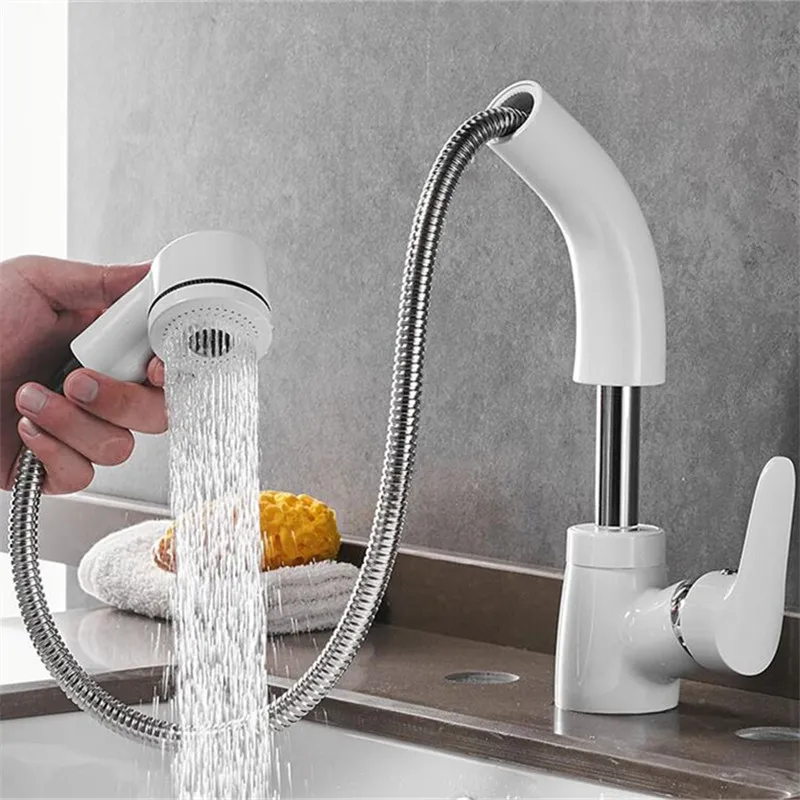 Torneira da Bacia do Banheiro Misturadora de Bronze Rotação e Levantamento Quente Frio Pull Out Primavera Bico Guindaste Shampoo Torneira & Pia
