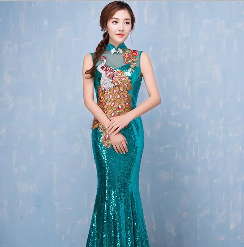 LAKE BLUE Вышивка Cheongsam длинное китайское Восточное элегантное вечернее платье платья принцессы красный Qipao Свадебные Летние женские сексуальные цветы - Цвет: LAKE BLUE