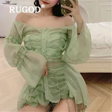 RUGOD, офисный женский светильник, зеленая шифоновая блузка, сексуальная, с открытыми плечами, милая, с длинным рукавом, рубашки, модные, однобортные, irnora, топы