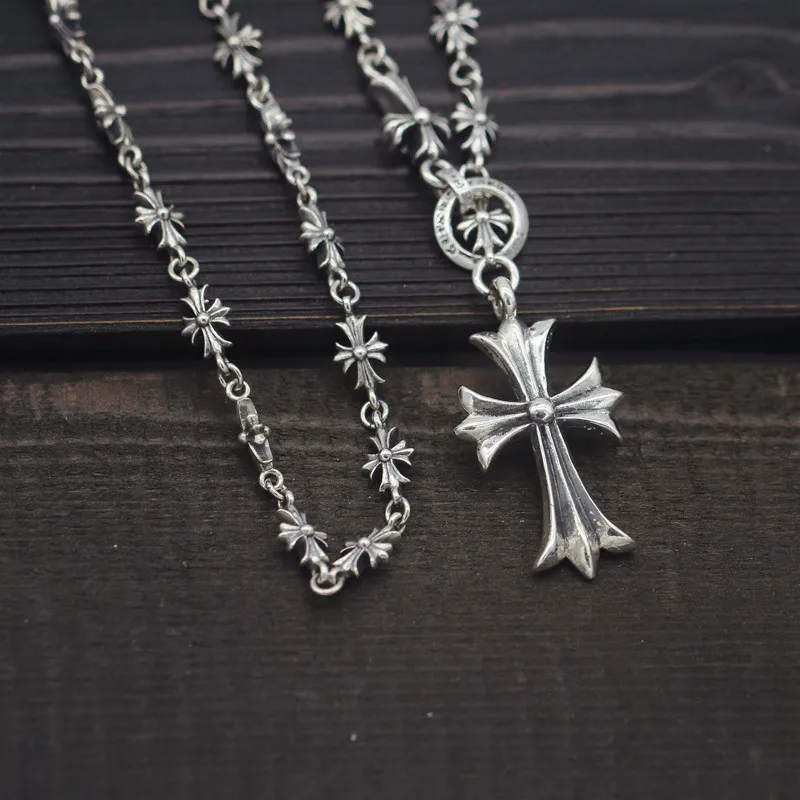 

S925 Sterling Silver Retro Thai Silver Male And Female High-end Punk Style Large Cross-shaped Chain Can Be Retractable Necklace