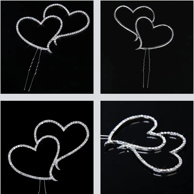 Brand Romantic Crystal Rhinestone Silver Double Heart Cake Topper Wedding Decoration Newsale Hot Sale