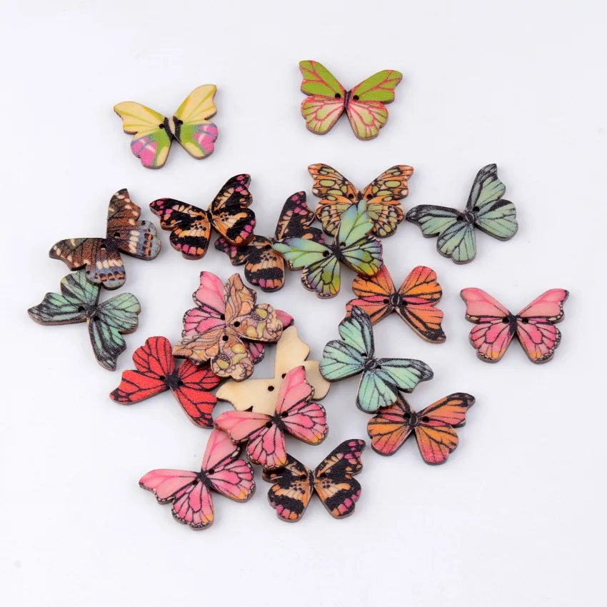 

10Pcs Random Mixed Lovely Butterfly Animals 2 Holes Wood Painting Sewing Buttons Scrapbooking 28x21mm