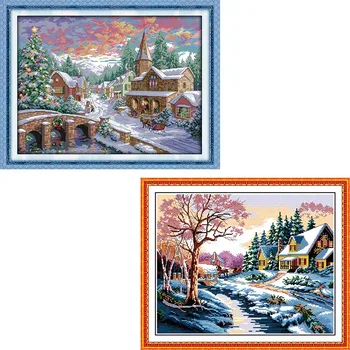 

Joy Sunday cross-stitch kits, mulina print Winter huts birthday wedding gift cross stitch embroidery Needlework home decoration