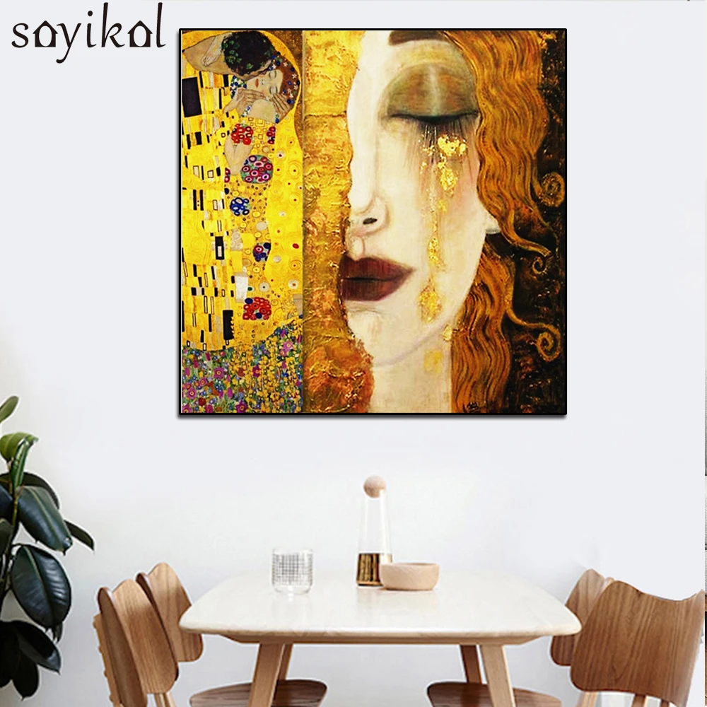 

Print Art Gustav Klimt Golden Tears And Kiss posters Canvas Wall Art Printed Pictures Famous Artwork Decorative Canvas Paintings