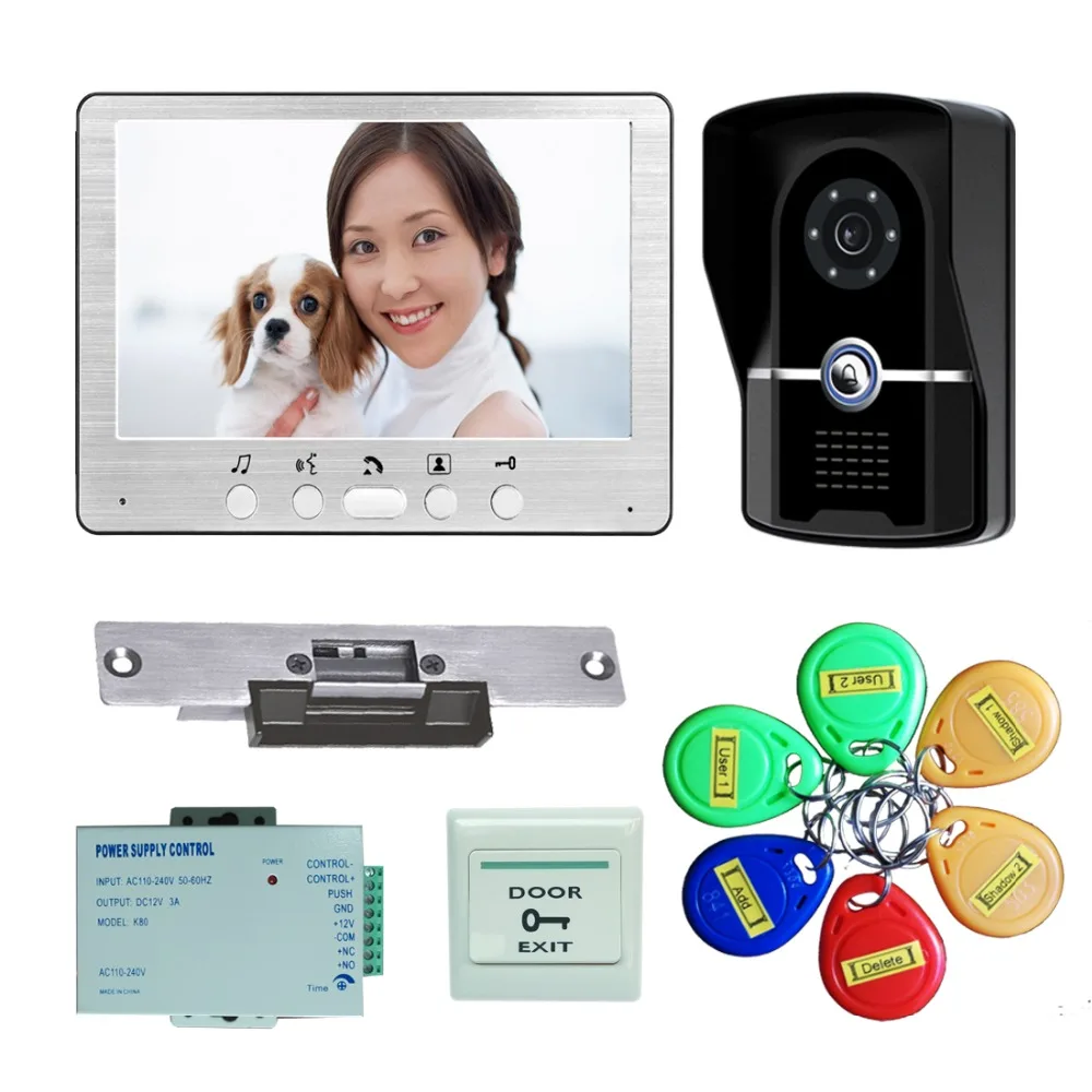 7 Inch Wired Video door Phone Doorbell Video Home Intercom 1-Camera 1-Monitor With Electronic Lock, Power Supply,RFID Keyfobs