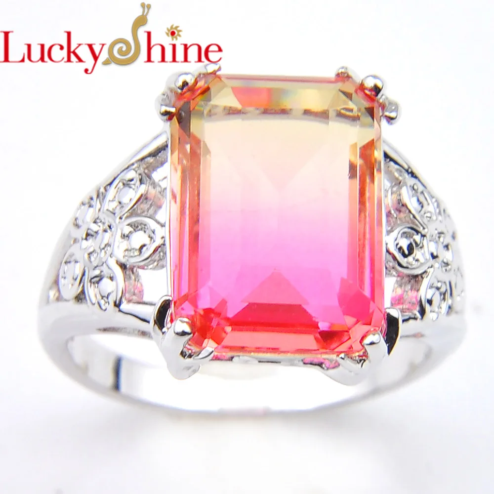 

Luckyshine For Women Square Crystal Zircon Silver Plated Rings Jewelry Fashion Simple colorful Bi colored Tourmaline Rings