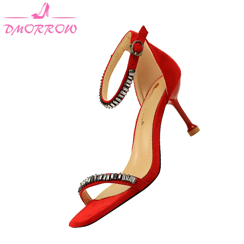 

Female Stiletto Open Toe Flock Strappy Heeled Sandals Ankle Strap 7cm Dress Shoes