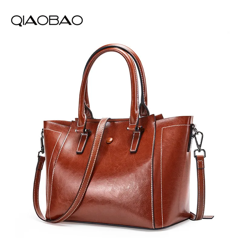 

QIAOBAO Hot Sale Women Cowhide Handbags Quality Oil Wax Leather Female Shoulder Bag Designer Ladies Vintage Crossbody Bags Tote