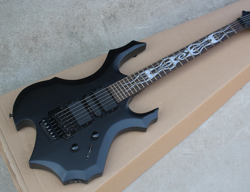 

Factory Special Price Unusual Shape Electric Guitar with Matte Black Body,White Pearl Fret Inlay,Double Rock,Can beCustomized