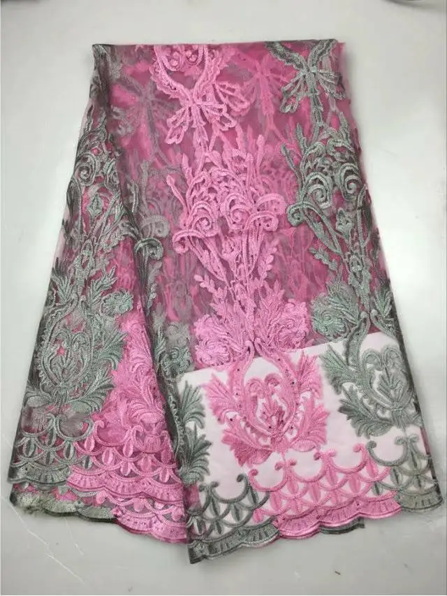 

5 Yards/pc Most popular pink and gray embroidery french net lace flower design african mesh lace fabric for dress CF7-4