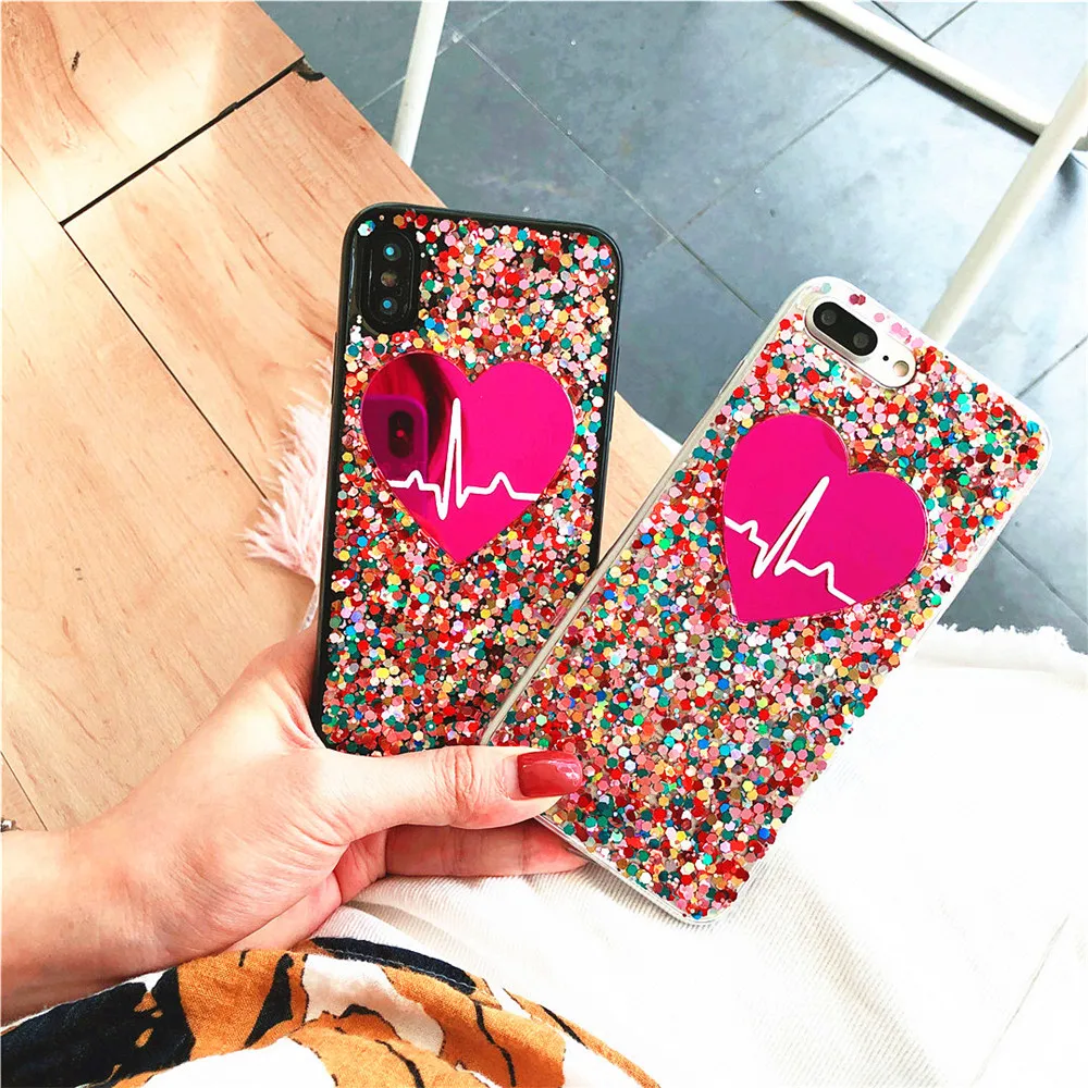 

Fashion colourful glitter sequins sweet love heart heartbeat TPU phone case for iPhone 6s 7 8 Plus X XR XS MAX