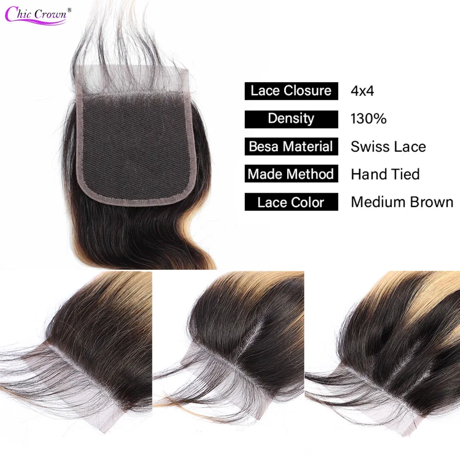 Объемные волнистые пучки с закрытием предварительно цветные Омбре бразильские волосы 3 пучка с кружевной застежкой 1B/27 пучки человеческих волос