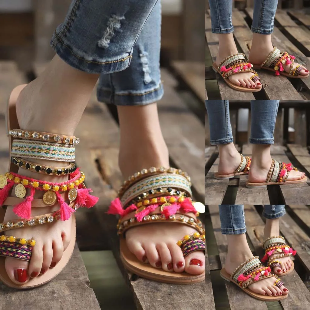 

Women Sandals Summer Ladies Bohemian Ethnic Style Flat Shoes Female Sandals Rhinestone Sandals Beach Comfortable Slipper T9#