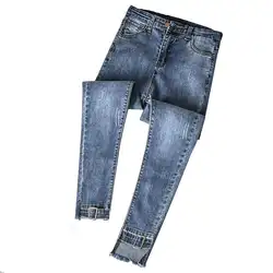 Модные женские узкие джинсы с высокой талией Новые Летние черные синие джинсы женские винтажные узкие брюки-карандаш рваные джинсы Femme C4193
