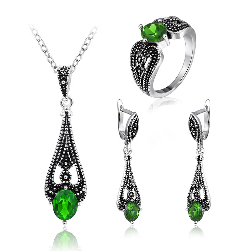 Romad Ретро Кристальные серьги, кольца из натурального камня, зеленая длинная цепочка, ожерелья для женщин, роскошный ювелирный набор, свадебные кольца, серьги R4 - Окраска металла: jewelry set Size 9