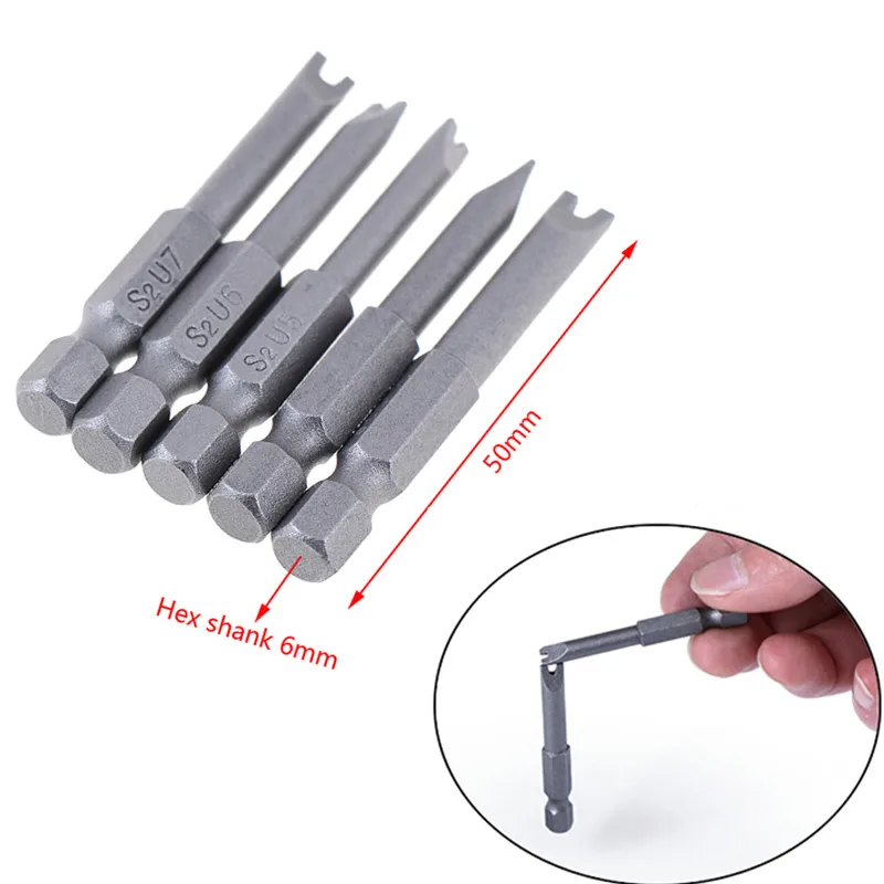 5Pcs/Set Alloy Steel  50mm 1/4 Inch Hex Handle U4 U5 U6 U7 U8 S2 U-shaped Tip Screwdriver Bit Magnetic Electric Screwdriver Bit