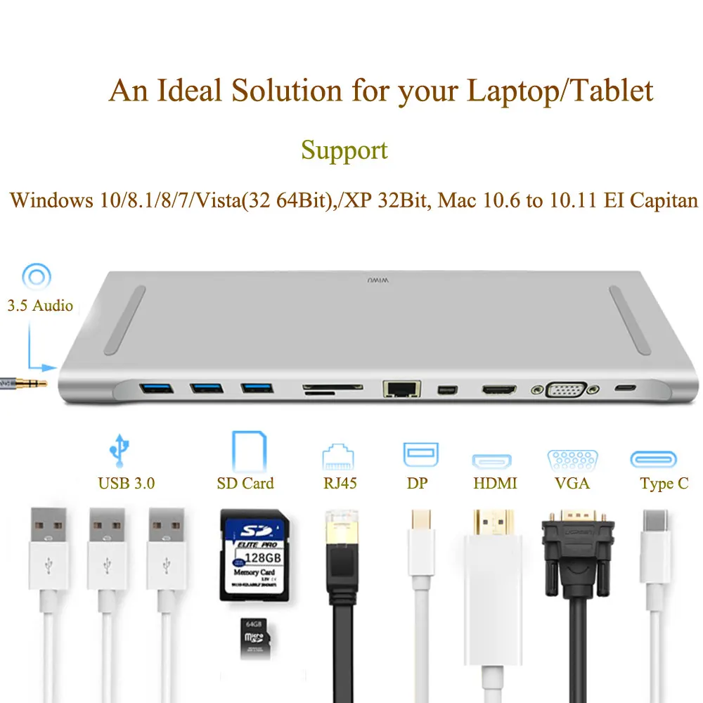 WIWU Многофункциональный 11 в 1 концентратор usb type-C док-станция для MacBook Алюминиевый USB 3,0 к HDMI/VGA Универсальная док-станция для Dell