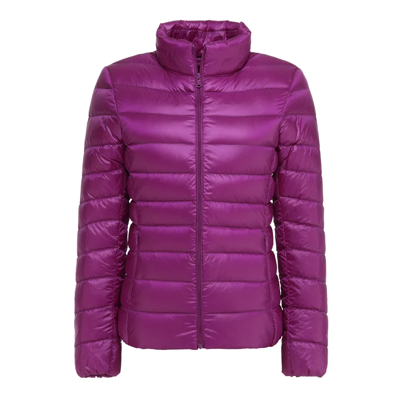 S-7XL осень-зима Для женщин белые куртки-пуховики на утином пуху женский ультра светильник тонкий ветрозащитный Портативный Теплый Стенд воротник пальто с перьями - Цвет: Purple