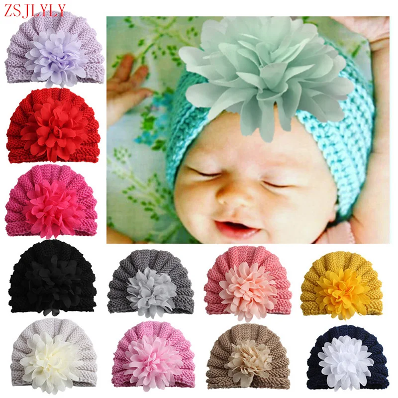 

ZSJLYLY Brand Cute Cotton Newborn Winter Hat Baby Photography Props Knitted Hats Chiffon Flower Infant Hat Girl Cap Accessories