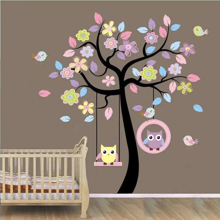 

New Removable Vinyl Wall Stickers 2pcs/set Colorful Tree and Owls home decor Giant wall decals for kids rooms JM7186AB