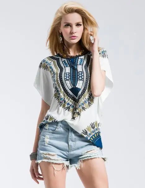 Print O Neck Short SleeveTribal White Blue Womens Casual