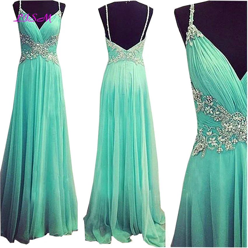 A Line V-Neck Long Chiffon Evening Dress Spaghetti Straps Ruffled Beaded Prom Gowns Sexy Backless Floor Length Formal Dresses