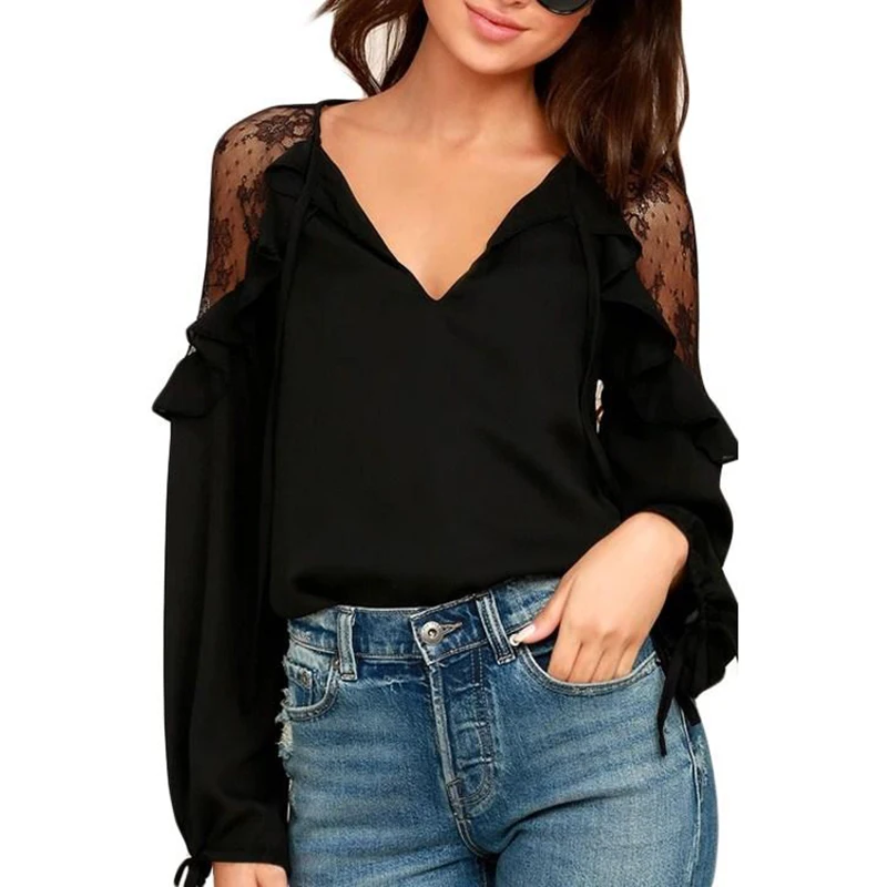 Black lace long sleeve ruffle shoulder blouse Summer 2018 sexy v neck black blouse shirt Women 