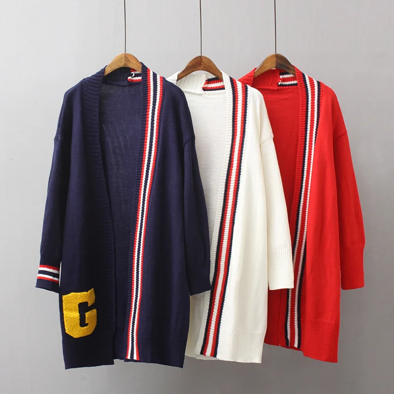 

Euro-American wind-sticker embroidered letters loose knitted Cardigan Sweater Jacket New medium-length women's wear