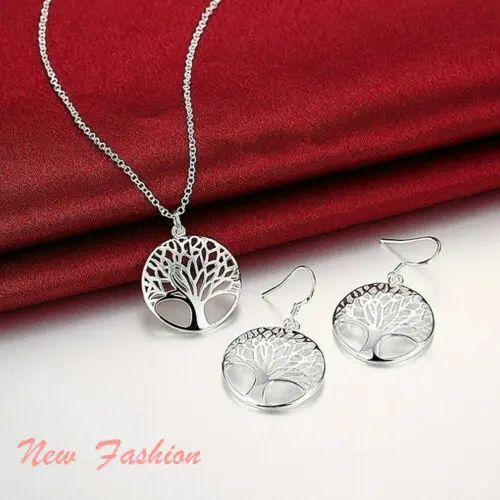 

HOT Women's 45cm Crystal Round Silver Tree of Life Necklace Pendant Earrings Charm Set Elegant Women Jewelry Gifts Dropshipping