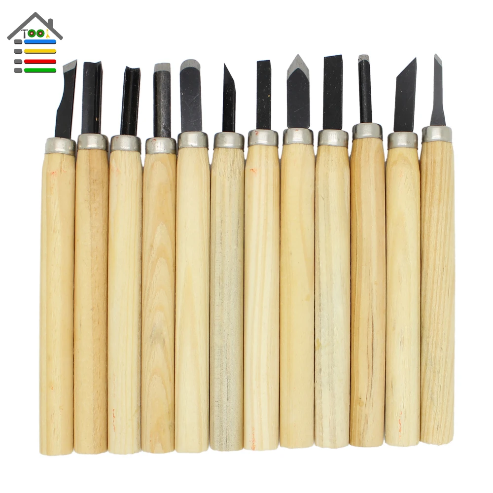 AUTOTOOLHOME 12pc Wood Carving Tools Set Knife Mini Chisel Asstorted Steel Blades With Pine Hand