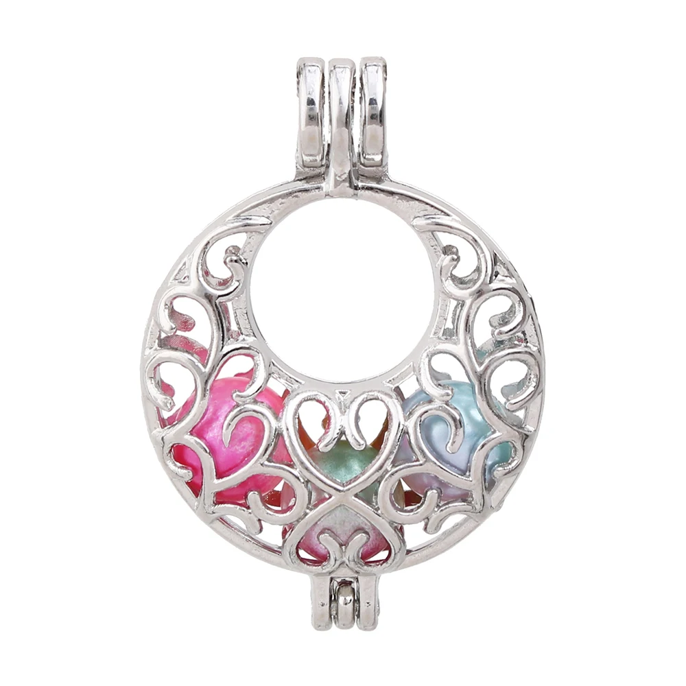 

5pcs Silver Plated Hollow Dangle Heart Flower Pearl Cage Pendant Bead Cage Lockets for Essential Oil Diffuser Necklace Making