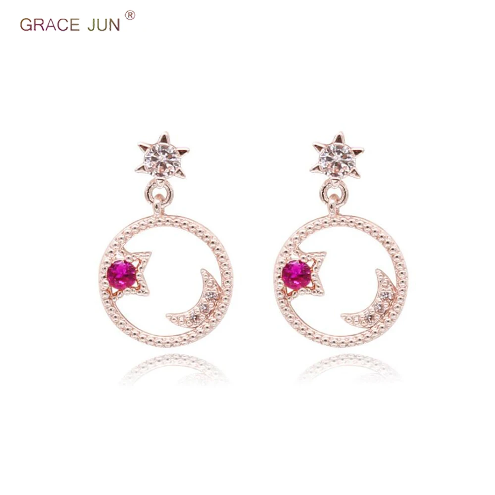 

GRACE JUN High Quality AAA Cubic Zircon Moon Star Round Shape Clip on Earrings and Pierced Earrings Charm Earrings Accessory New
