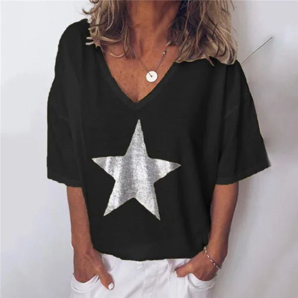 Для женщин Свободная футболка летние шорты рукавом женский V образным вырезом Основные топы корректирующие повседневное пентаграмма звезда - Цвет: Черный