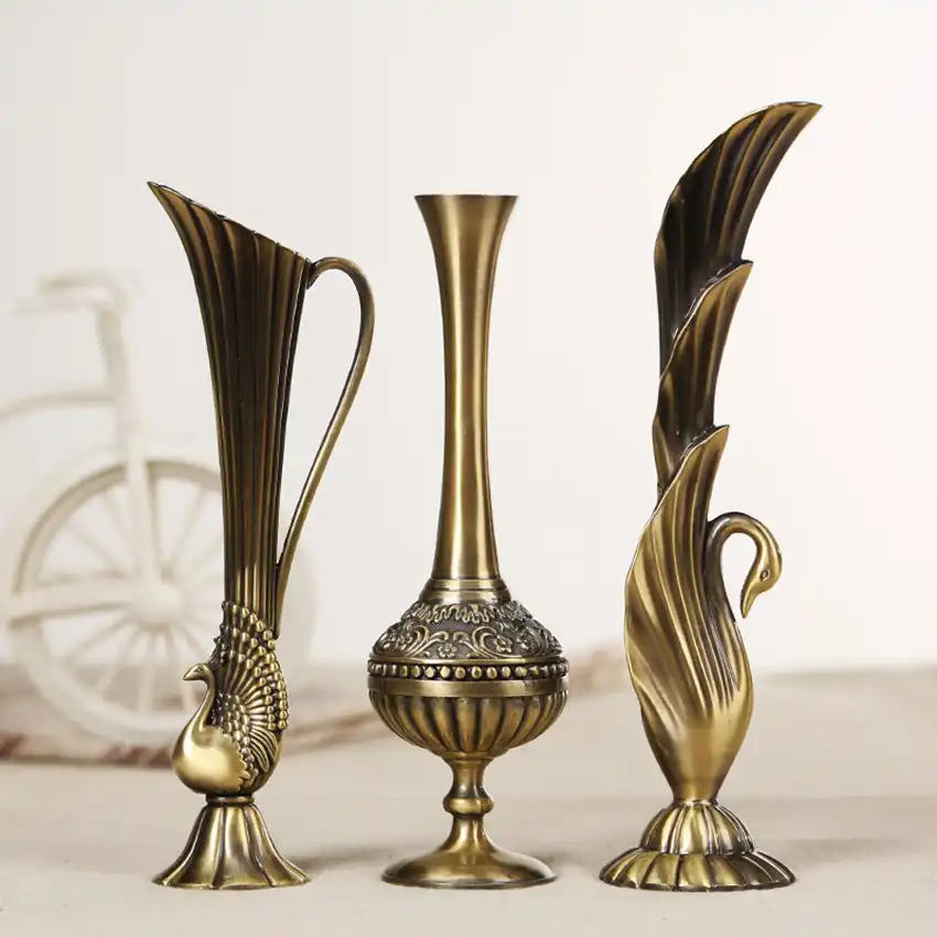 Europe Retro Peacock Vase Metal Alloy Gold Bronze Small Vases