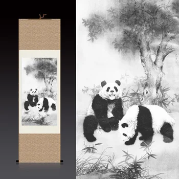

Chinese wind, two black and white pictures of panda, silk painting scroll 04