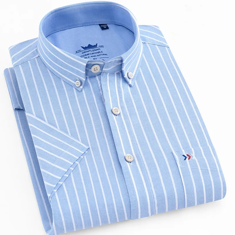 

Men Shirt Short Sleeve cotton Summer Slim fit Solid Oxford Business plaid Shirt Men Pocket Formal Button men shirts plus size