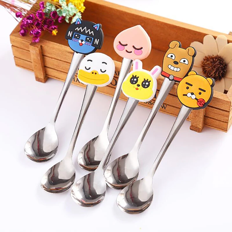 

Stainless Steel Coffee Tea Spoons Cute Silicone Duck Dog Rabbit Cartoon Head Tableware Small Spoonful Dessert Spoons Kitchen