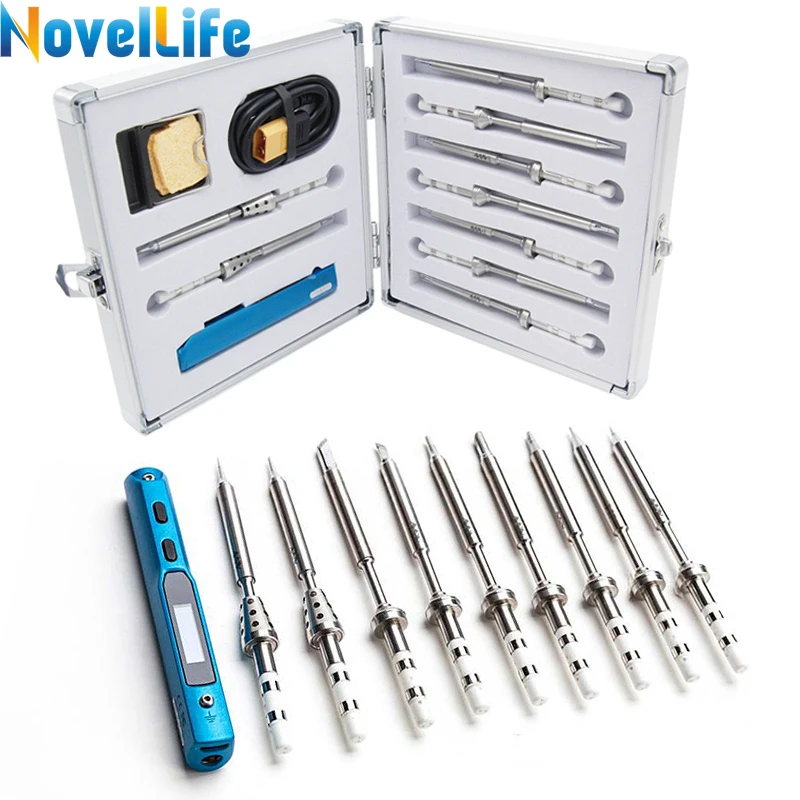 

TS100 Mini Digital Electric Soldering Iron Station Kit Adjustable Temperature 9pcs Solder Tip Stand XT60 Cable Aluminum Tool Box