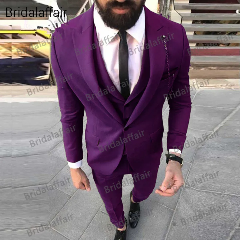 

Wonderful Formal Tuxedo Custom Made Purple Men Suit Slim Fit Groomsmen Mens Wedding Prom Suits Big Size 3Pcs Jacket Pants Vest