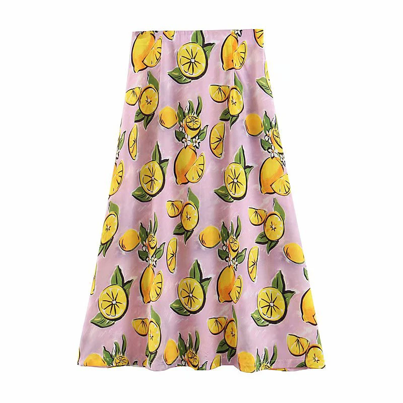 Для женщин Сладкий лимонный принт Сплит миди юбка боковая молния Fly элегантный женский элегантный летний до середины икры юбки FFZBQ63