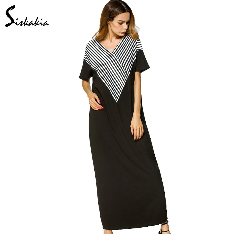 

Siskakia short sleeve maxi Dresses black white striped color block patchwork casual loose V neck Straight long Dress summer 2018